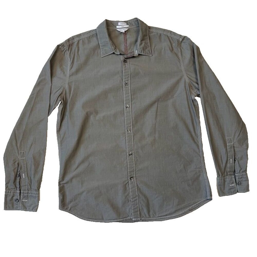 Calvin Klein Cotton Gray Long Sleeve Button Up Shirt Contrast Stitch, Slim Large